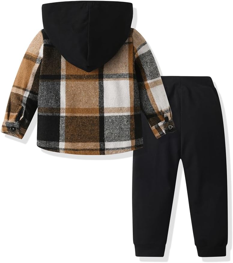 Yanmucy Babykledingset voor jongens, 2-delig, katoen, plaid, hoodie, overhemd, tops en broeken, kledingset voor lente en herfst