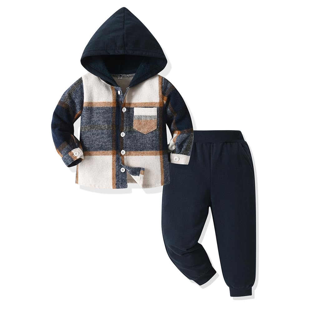 Yanmucy Babykledingset voor jongens, 2-delig, katoen, plaid, hoodie, overhemd, tops en broeken, kledingset voor lente en herfst
