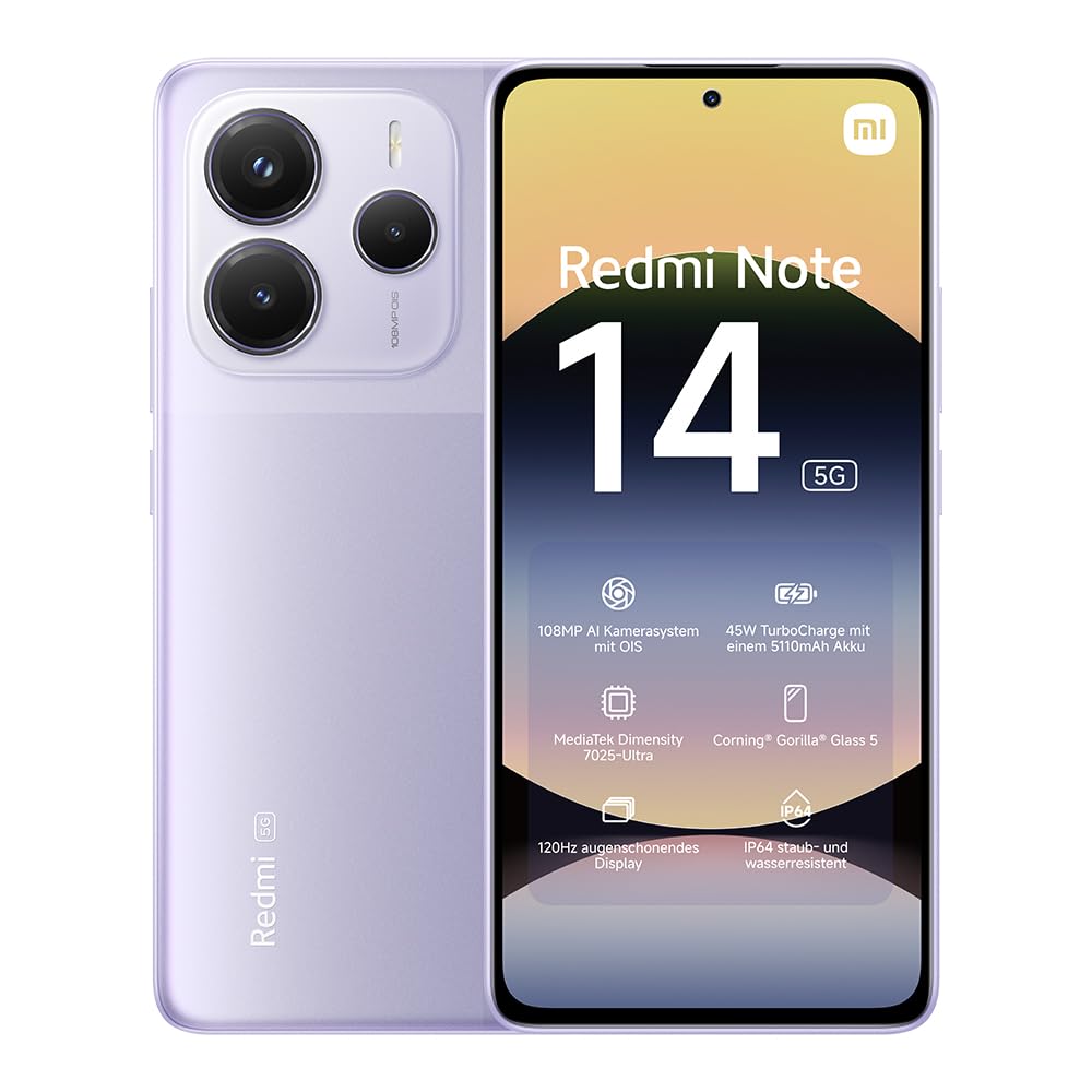 Xiaomi Redmi Note 14 Smartphone, 6 + 128 GB, blauw, 108 MP AI-camerasysteem, 5.500 mAh batterij, 120 Hz display met oogbescherming, AI-functies (geen oplader inbegrepen)