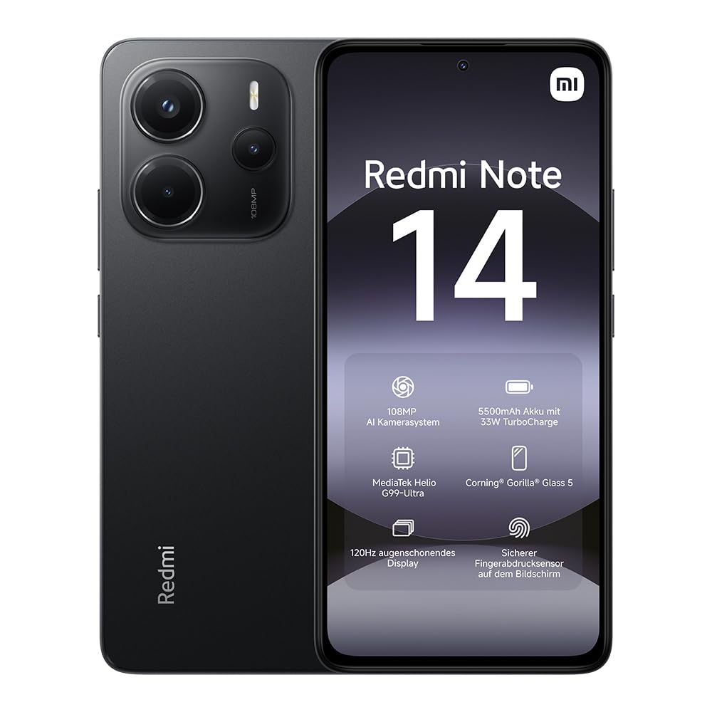 Xiaomi Redmi Note 14 Smartphone, 6 + 128 GB, blauw, 108 MP AI-camerasysteem, 5.500 mAh batterij, 120 Hz display met oogbescherming, AI-functies (geen oplader inbegrepen)