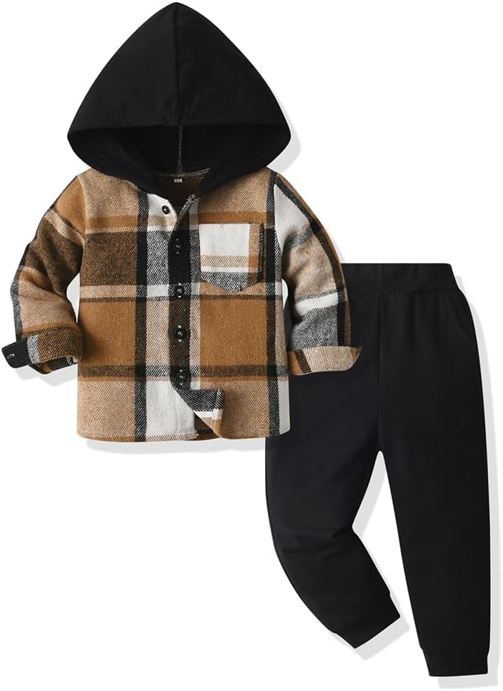 Yanmucy Babykledingset voor jongens, 2-delig, katoen, plaid, hoodie, overhemd, tops en broeken, kledingset voor lente en herfst