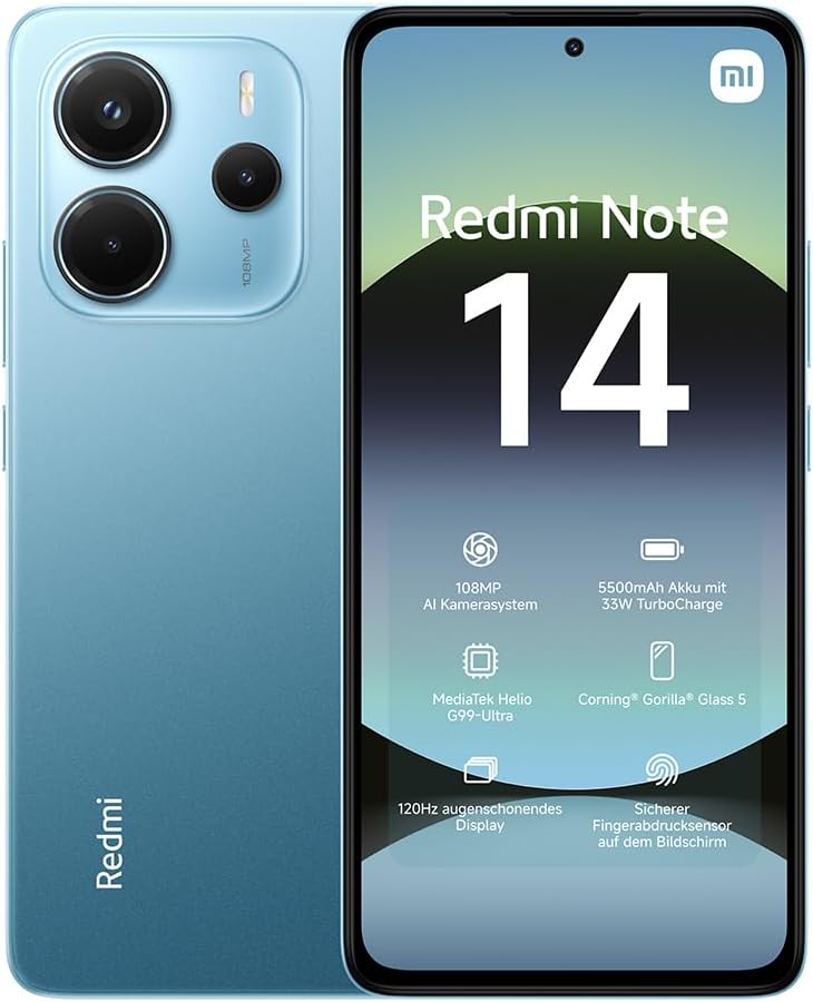 Xiaomi Redmi Note 14 Smartphone, 6 + 128 GB, blauw, 108 MP AI-camerasysteem, 5.500 mAh batterij, 120 Hz display met oogbescherming, AI-functies (geen oplader inbegrepen)