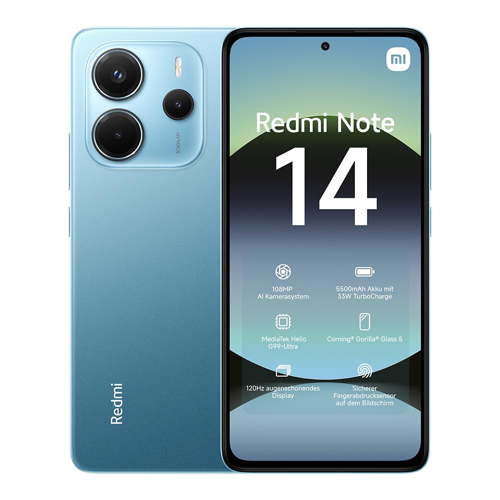 Xiaomi Redmi Note 14 Smartphone, 6 + 128 GB, blauw, 108 MP AI-camerasysteem, 5.500 mAh batterij, 120 Hz display met oogbescherming, AI-functies (geen oplader inbegrepen)
