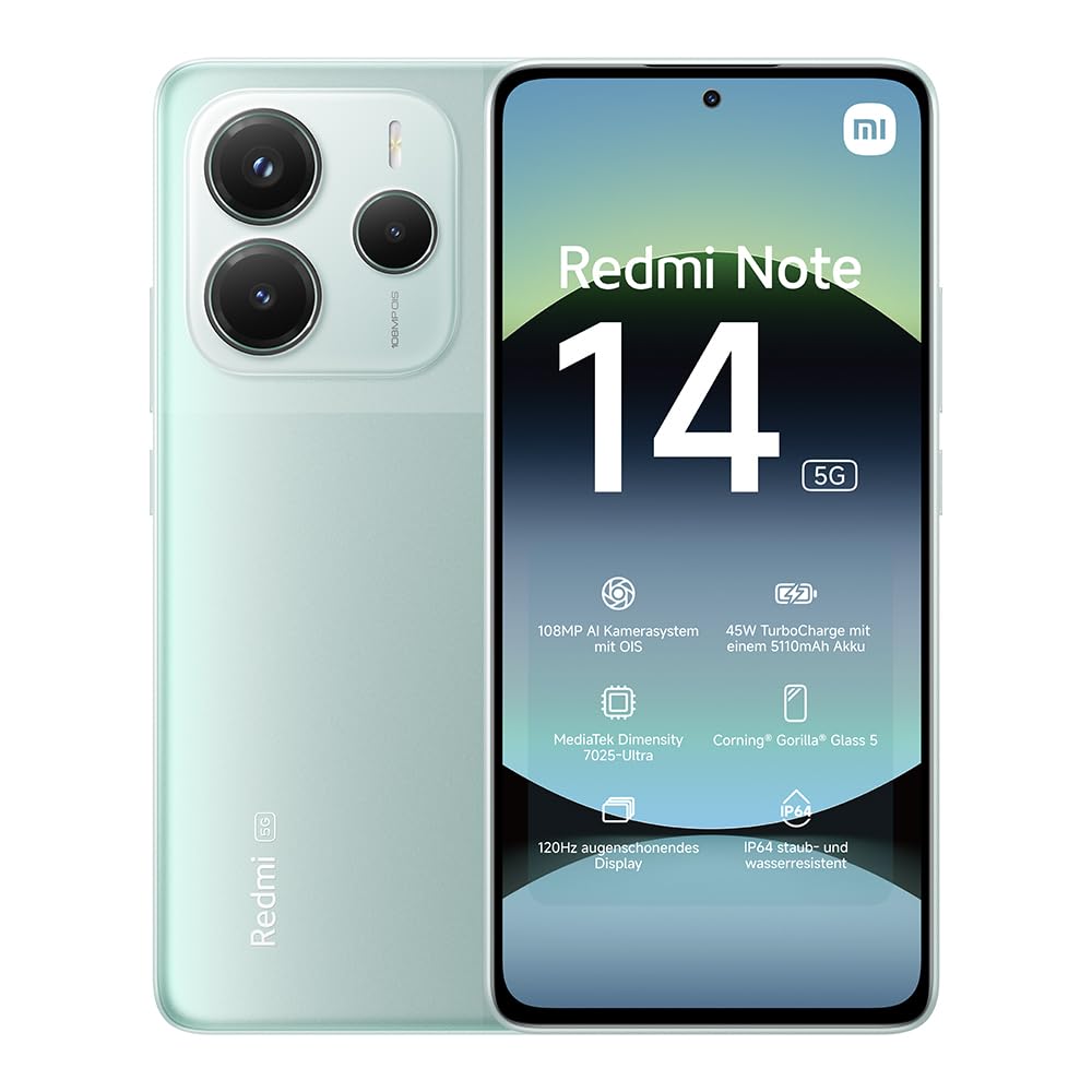 Xiaomi Redmi Note 14 Smartphone, 6 + 128 GB, blauw, 108 MP AI-camerasysteem, 5.500 mAh batterij, 120 Hz display met oogbescherming, AI-functies (geen oplader inbegrepen)