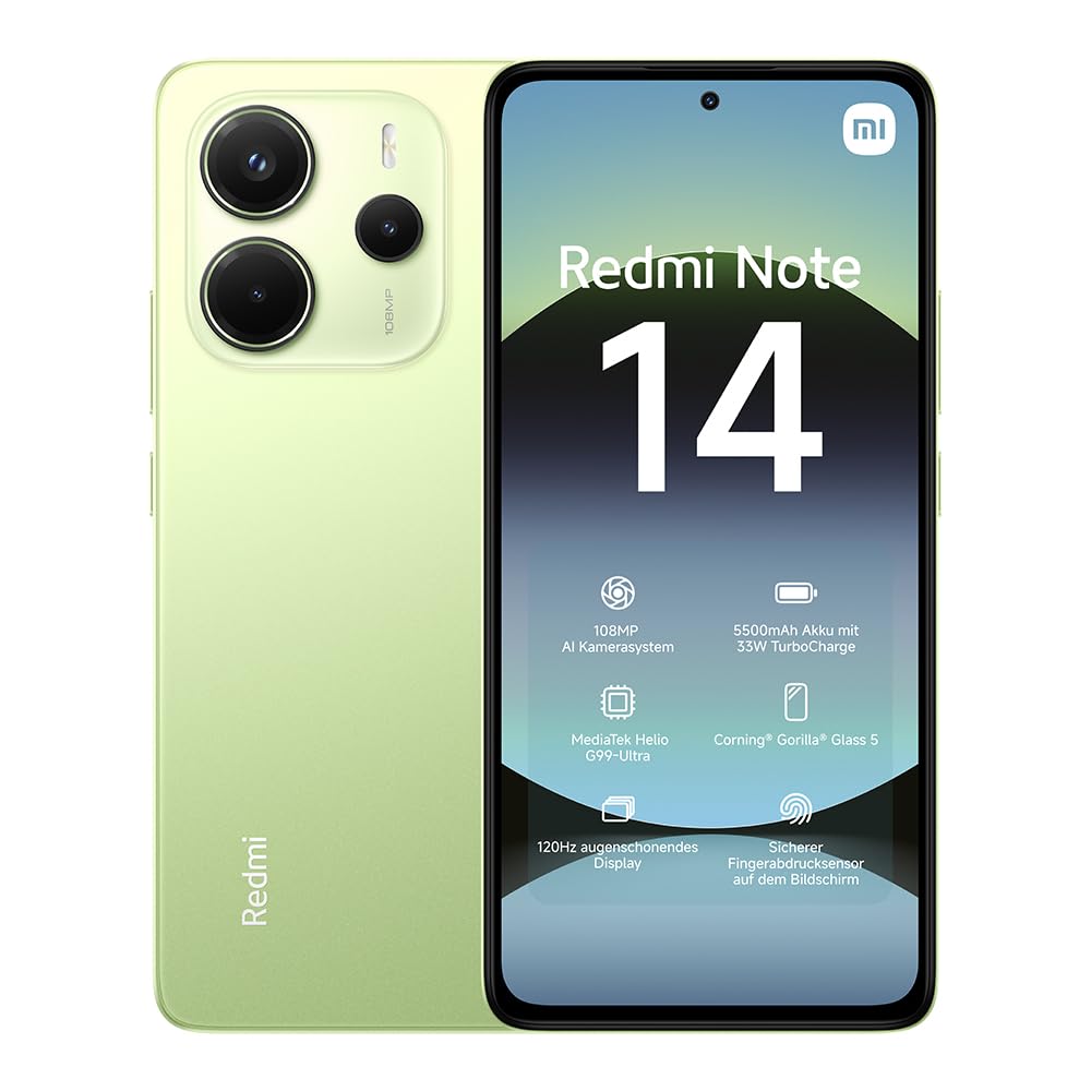 Xiaomi Redmi Note 14 Smartphone, 6 + 128 GB, blauw, 108 MP AI-camerasysteem, 5.500 mAh batterij, 120 Hz display met oogbescherming, AI-functies (geen oplader inbegrepen)