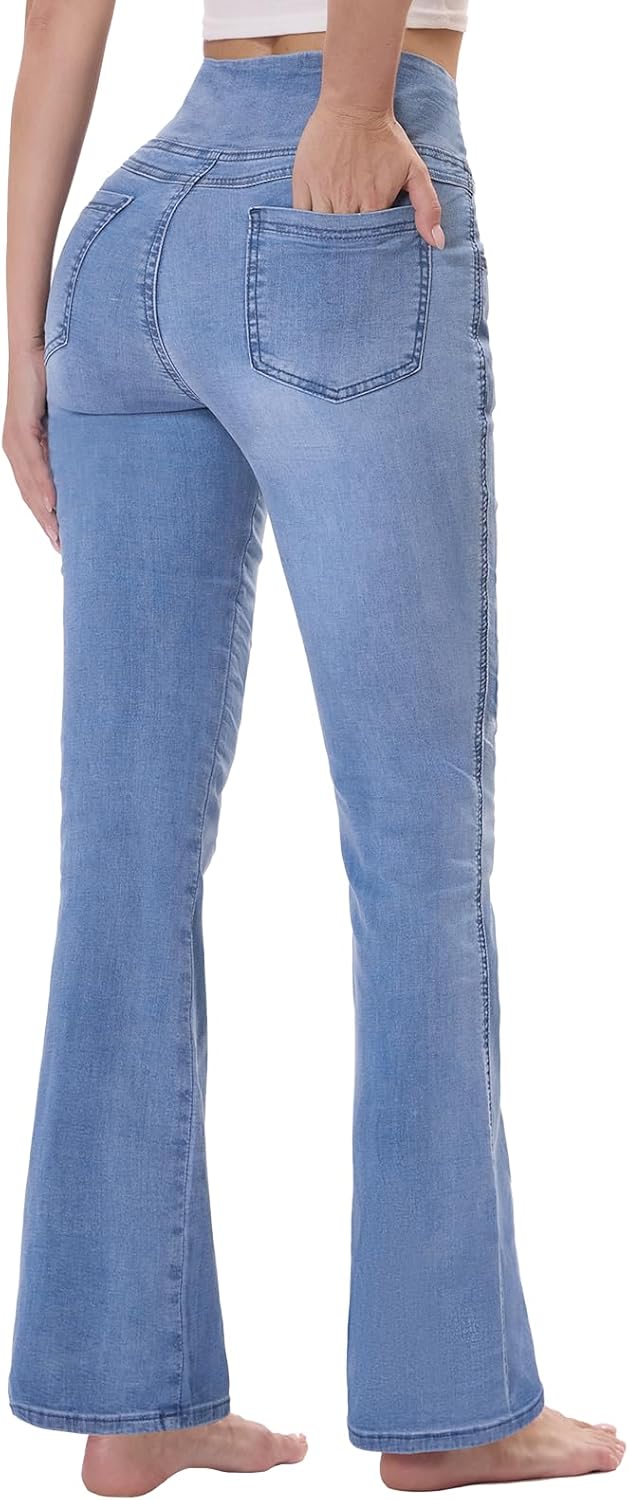 Chasehot Dames Jeans Elastische Taille Jeggings Hoge Taille Bootcut Met Zakken Flared Mode Slim Broek Denim Leggings Uitlopende Brede Pijpen Stretch