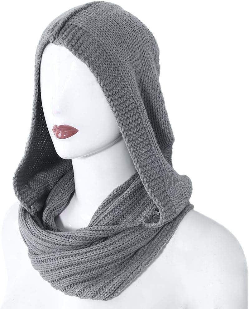 MEIBAOGE Gebreide winterjas voor dames met capuchon, infinity sjaal, winddicht, sjaal, wrap, halswarmer, sjaal met capuchon, lichtgrijs