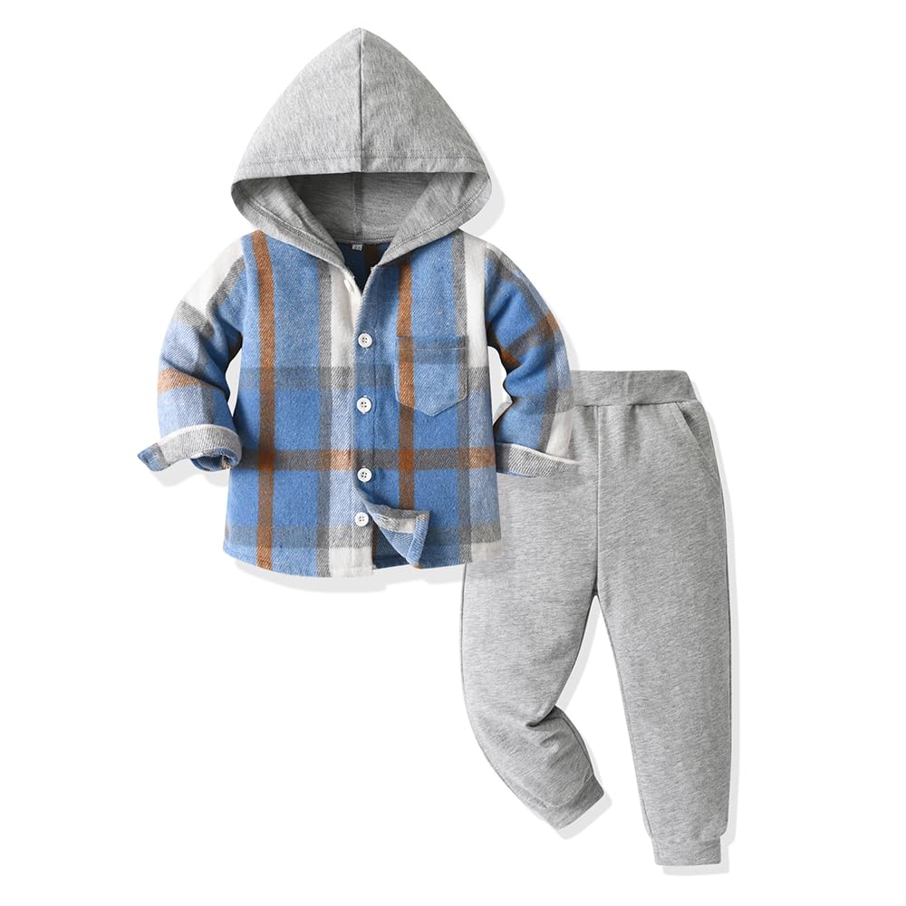 Yanmucy Babykledingset voor jongens, 2-delig, katoen, plaid, hoodie, overhemd, tops en broeken, kledingset voor lente en herfst