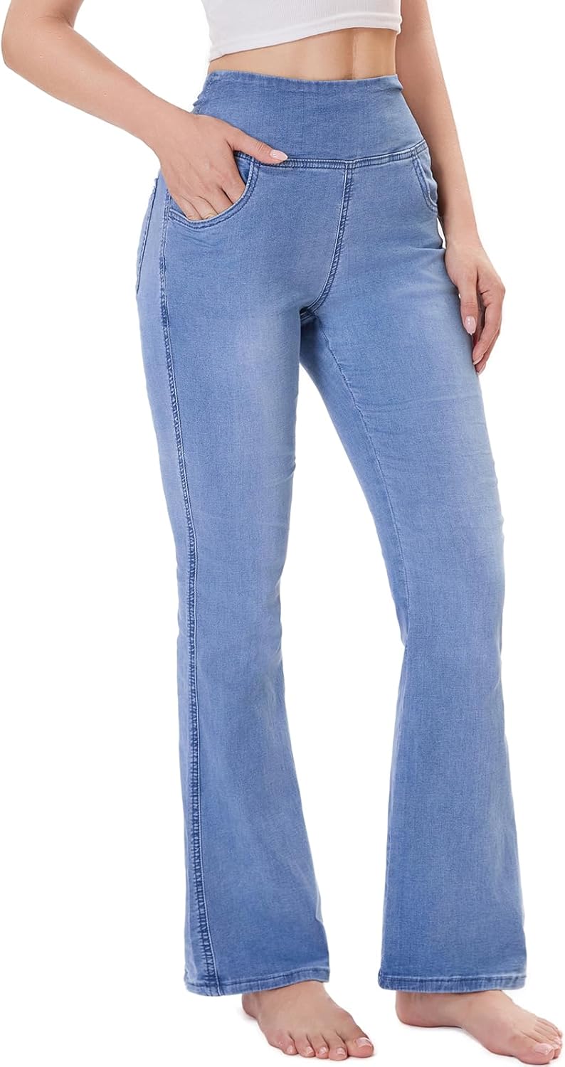 Chasehot Dames Jeans Elastische Taille Jeggings Hoge Taille Bootcut Met Zakken Flared Mode Slim Broek Denim Leggings Uitlopende Brede Pijpen Stretch