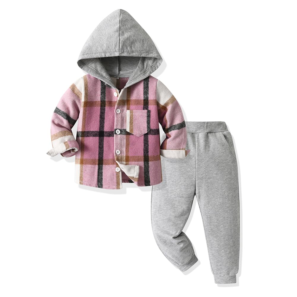 Yanmucy Babykledingset voor jongens, 2-delig, katoen, plaid, hoodie, overhemd, tops en broeken, kledingset voor lente en herfst