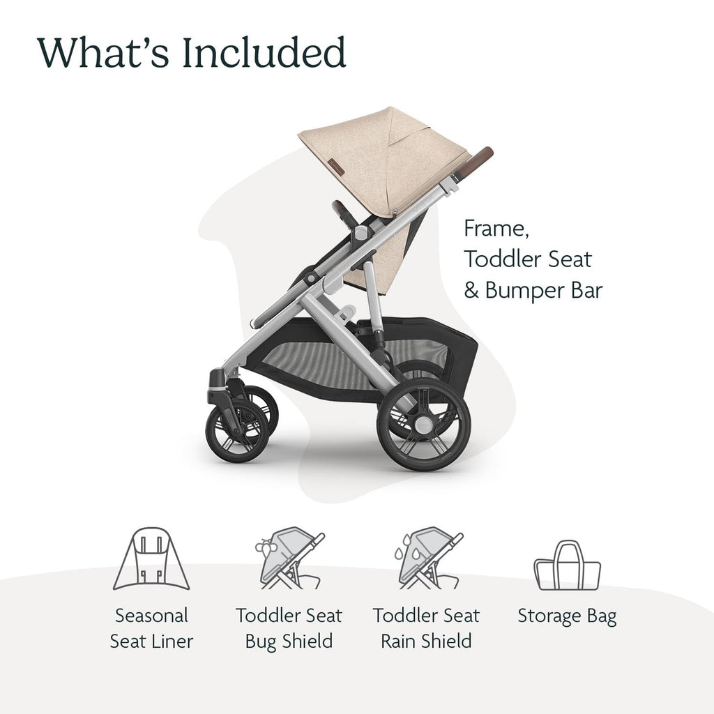 UPPAbaby Vista V3 Stroller - Full-Size Single-to-Double Stroller System - Toddler Seat, Bug Shield, Rain Shield, and Storage Bag Included - Declan (Oat Mélange/Silver Frame/Chestnut Leather)