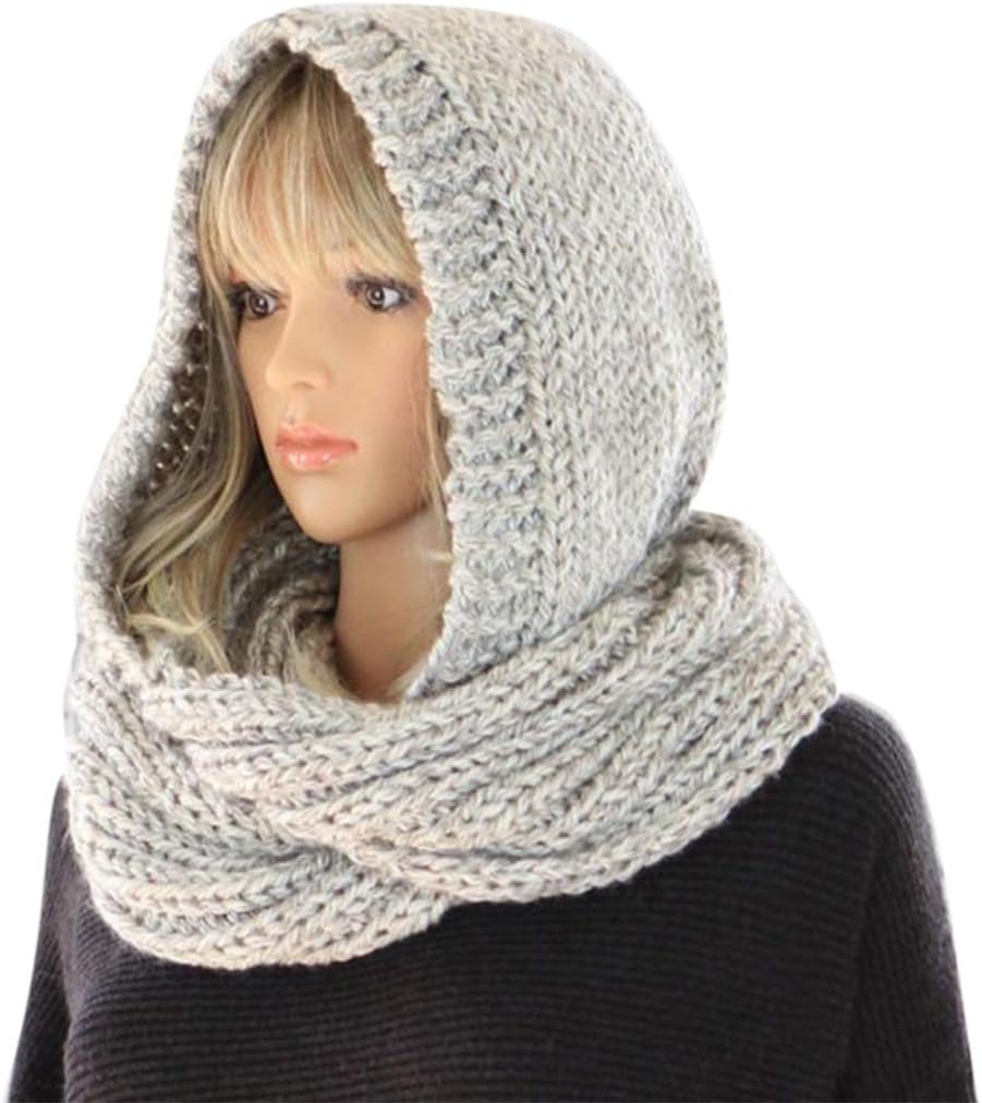 MEIBAOGE Gebreide winterjas voor dames met capuchon, infinity sjaal, winddicht, sjaal, wrap, halswarmer, sjaal met capuchon, lichtgrijs