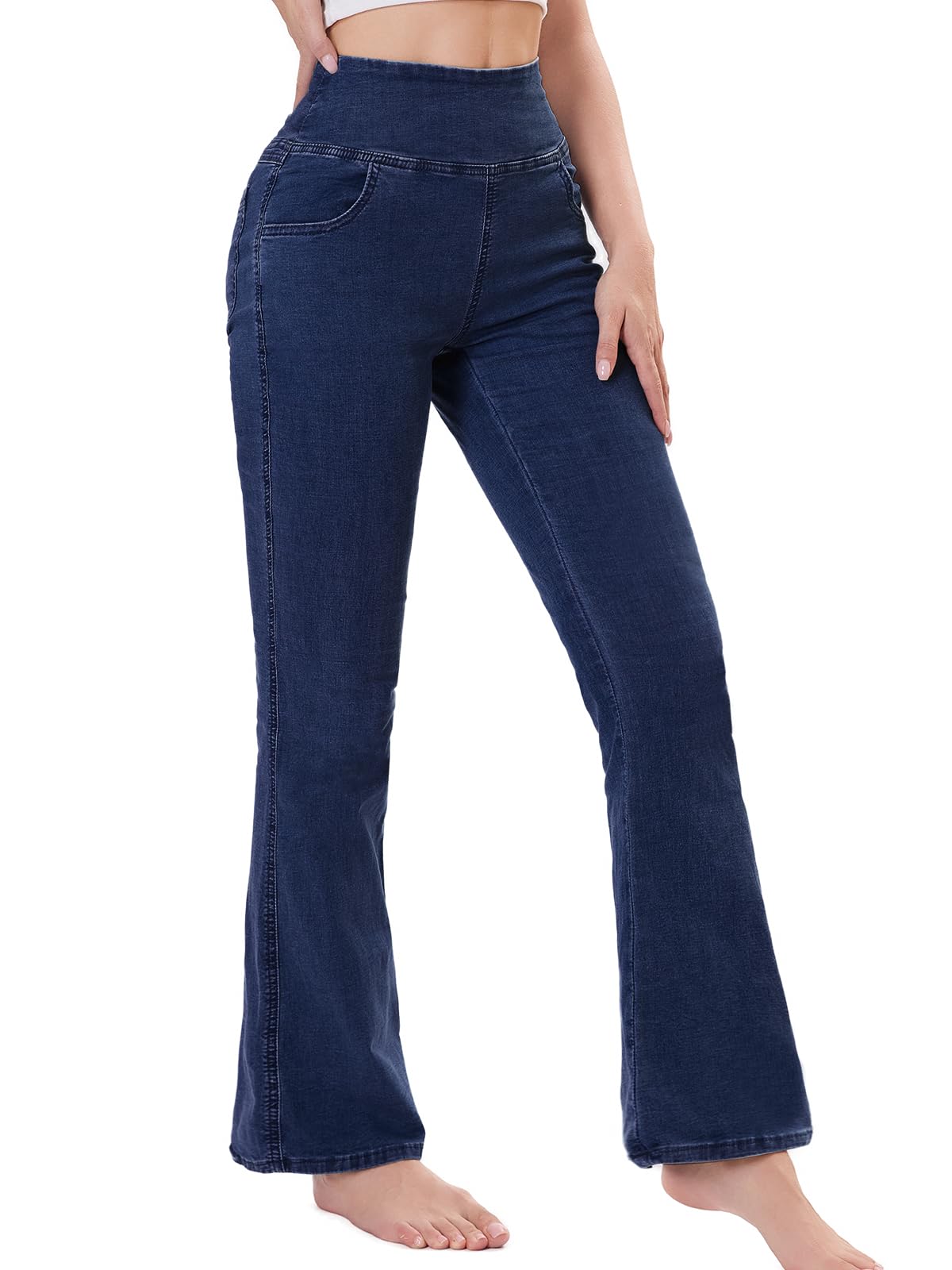 Chasehot Dames Jeans Elastische Taille Jeggings Hoge Taille Bootcut Met Zakken Flared Mode Slim Broek Denim Leggings Uitlopende Brede Pijpen Stretch