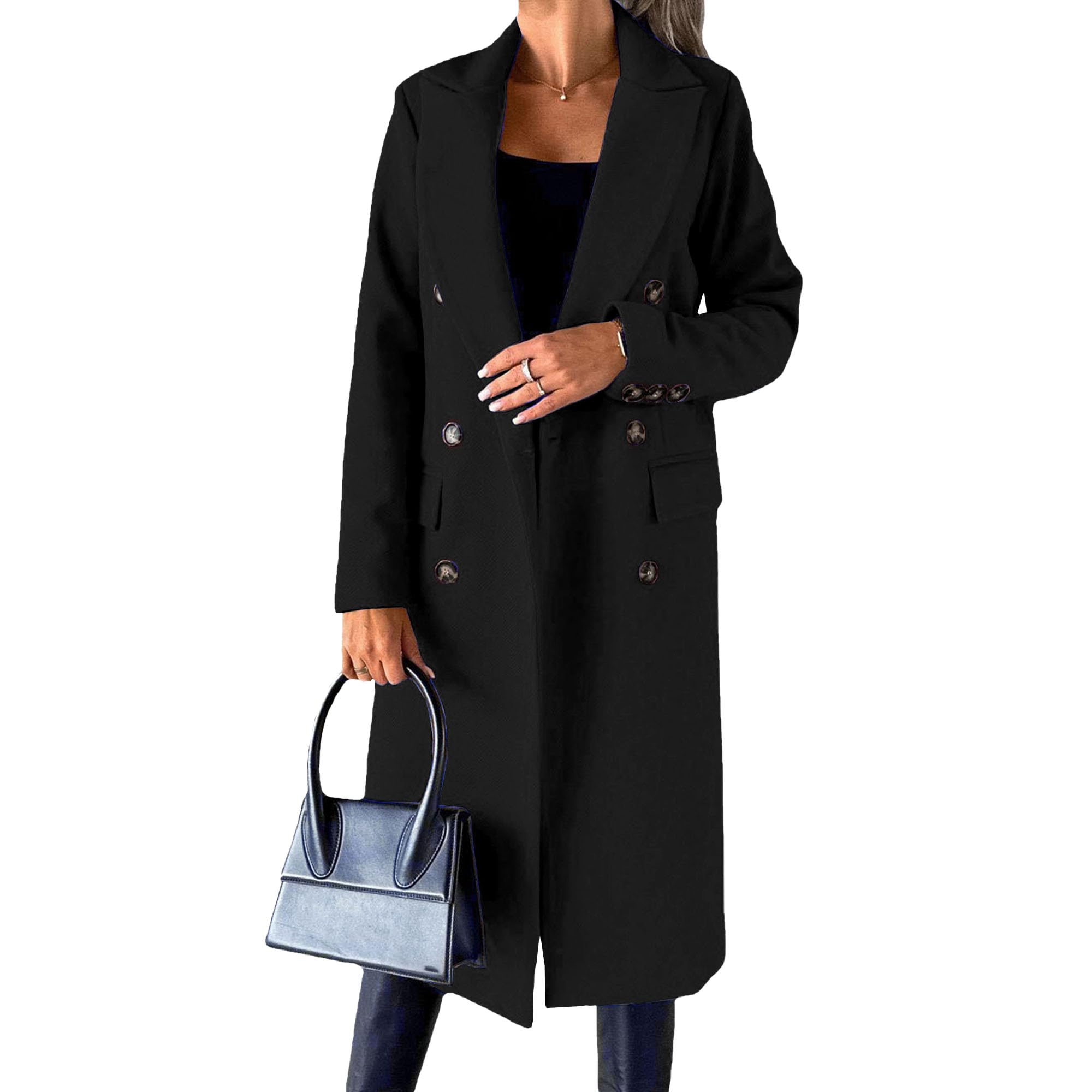 Wolmix jas voor dames, lange gekruiste trenchcoat, casual winterjas met revers en zakken