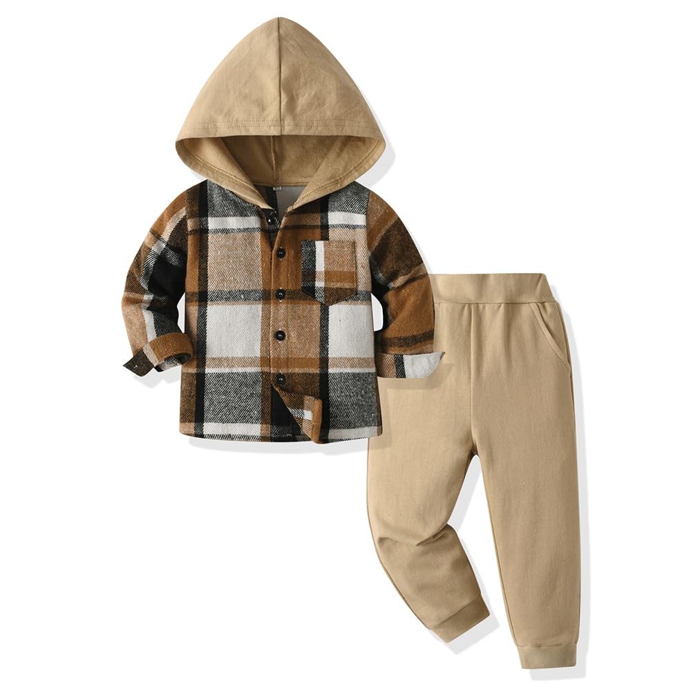Yanmucy Babykledingset voor jongens, 2-delig, katoen, plaid, hoodie, overhemd, tops en broeken, kledingset voor lente en herfst