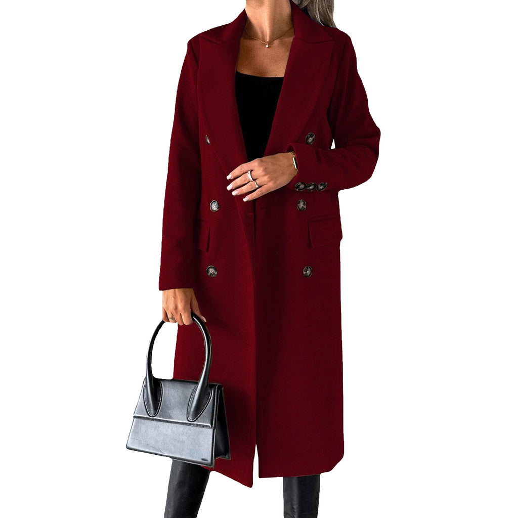 Wolmix jas voor dames, lange gekruiste trenchcoat, casual winterjas met revers en zakken