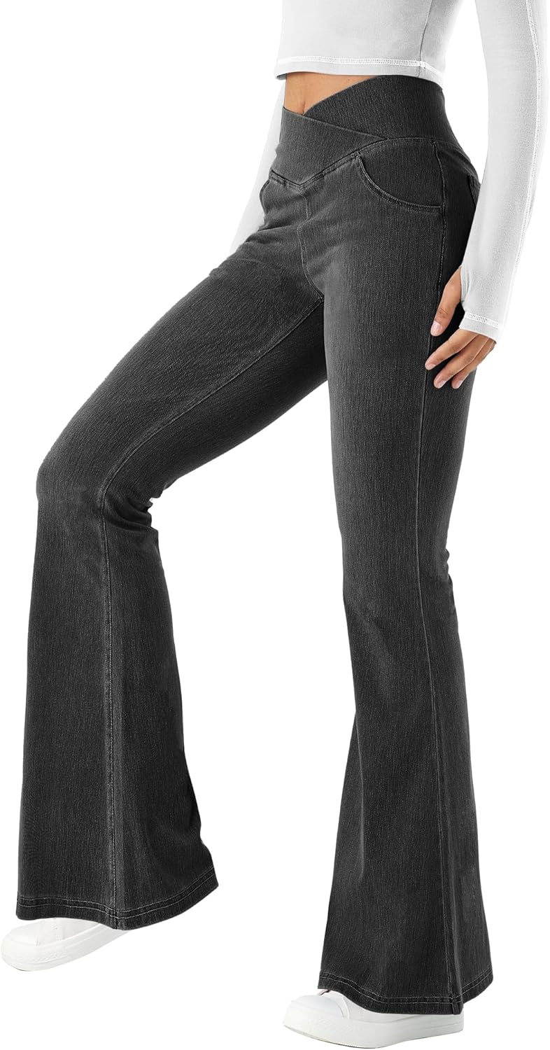 LaiEr Bootcut Jeans V Crossover Hoge Taille Buikcontrole Vrouwen Casual Stijl Fitness Skinny Yoga Broek Zachte Hoge Elastische Denim Stof Flare Leggings