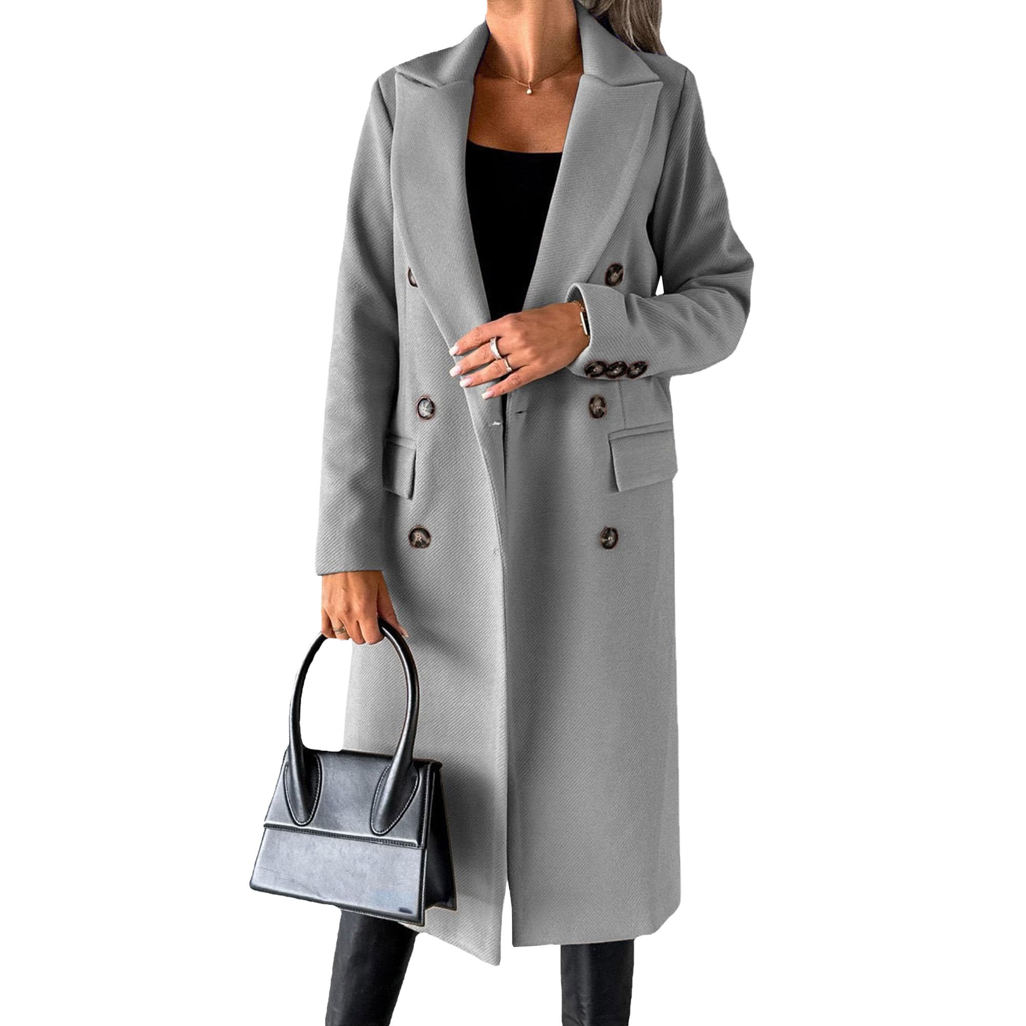 Wolmix jas voor dames, lange gekruiste trenchcoat, casual winterjas met revers en zakken