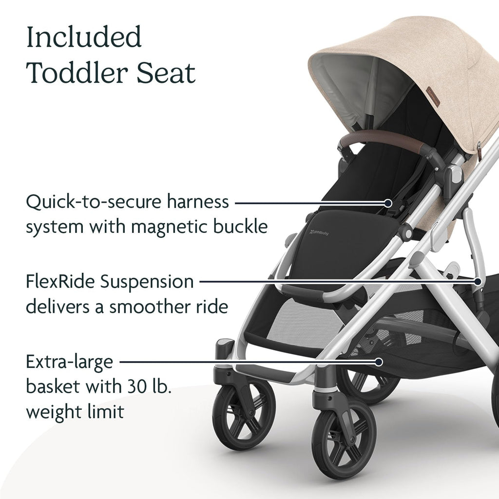 UPPAbaby Vista V3 Stroller - Full-Size Single-to-Double Stroller System - Toddler Seat, Bug Shield, Rain Shield, and Storage Bag Included - Declan (Oat Mélange/Silver Frame/Chestnut Leather)