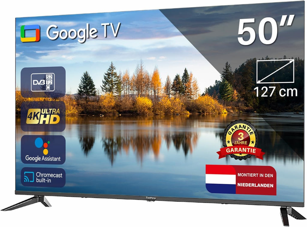 TEEVIEW TV50QUG-EU Google Smart 4K UHD 50 inch WLAN TV, Bluetooth, 3 x HDMI, Triple Tuner, spraakbediening, geïntegreerde streaming-apps