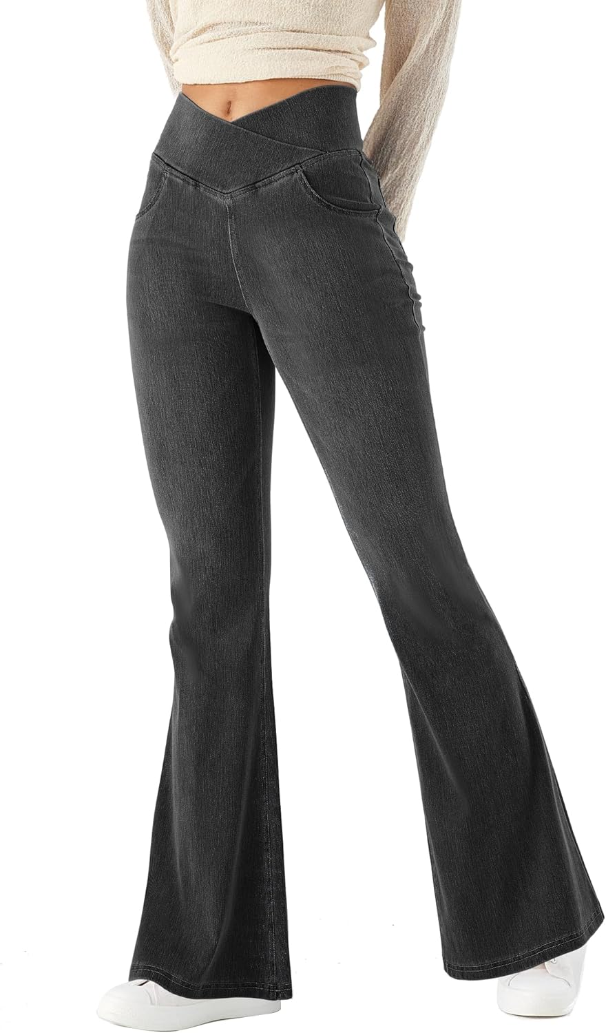 LaiEr Bootcut Jeans V Crossover Hoge Taille Buikcontrole Vrouwen Casual Stijl Fitness Skinny Yoga Broek Zachte Hoge Elastische Denim Stof Flare Leggings