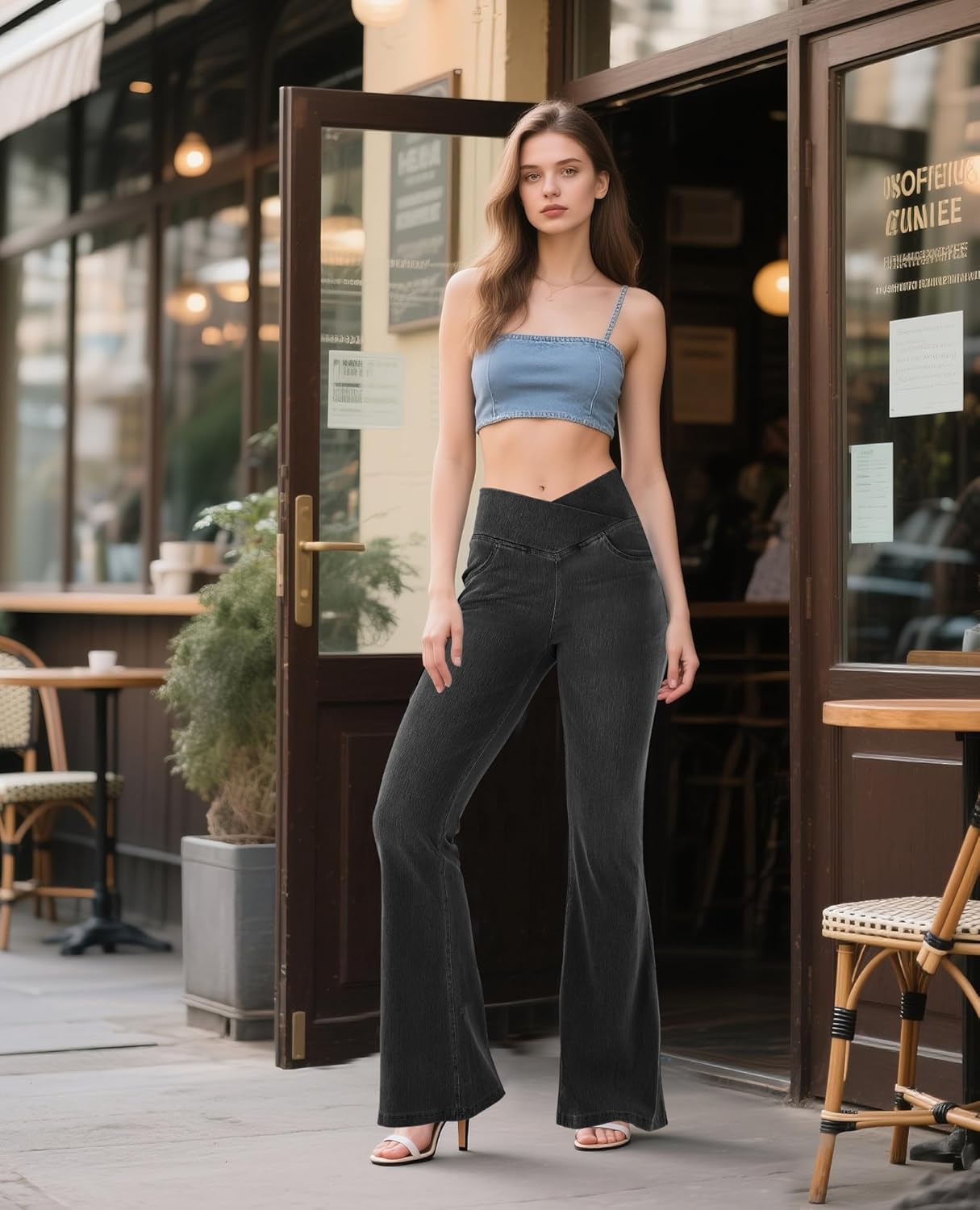 LaiEr Bootcut Jeans V Crossover Hoge Taille Buikcontrole Vrouwen Casual Stijl Fitness Skinny Yoga Broek Zachte Hoge Elastische Denim Stof Flare Leggings