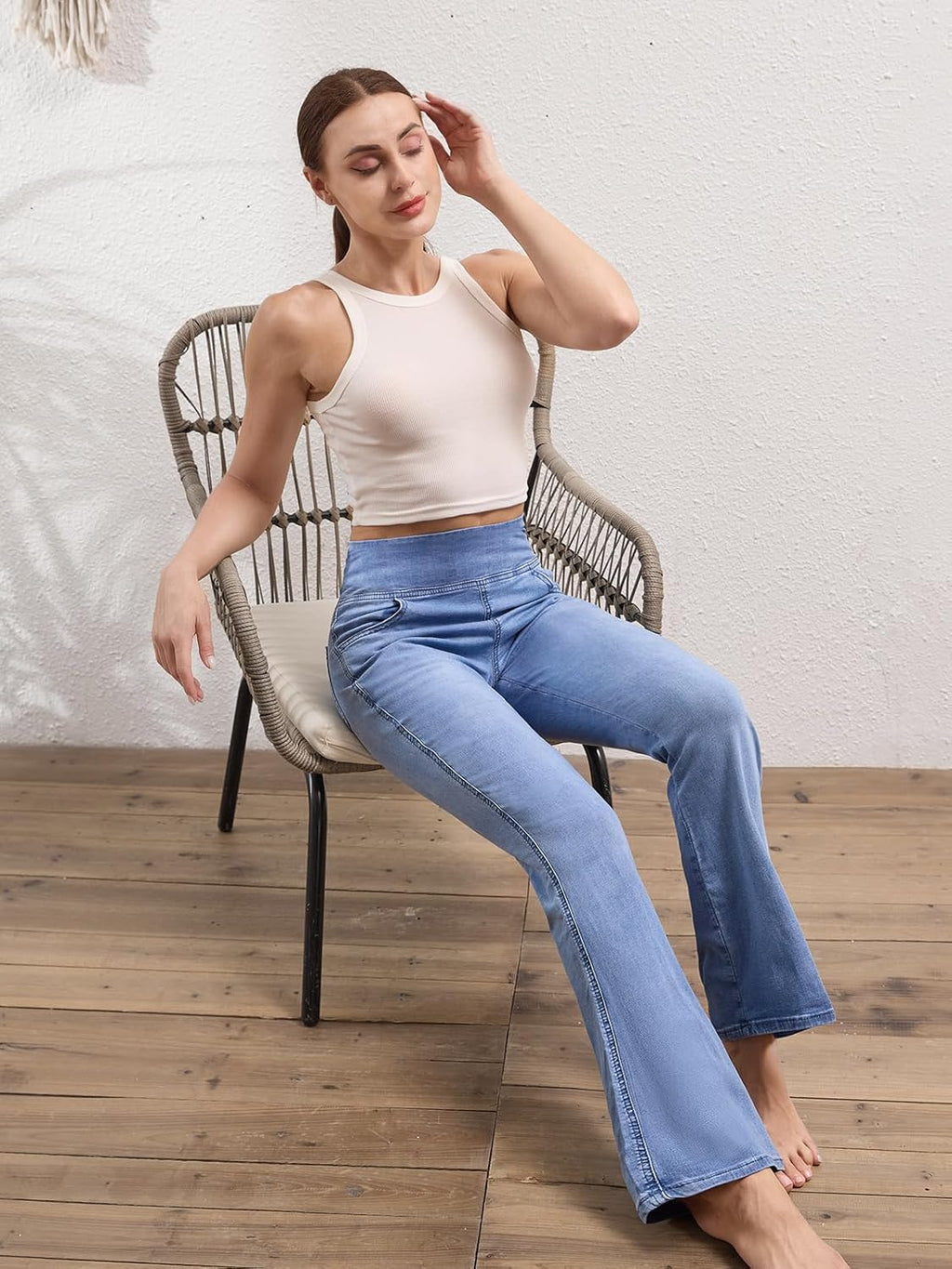 Chasehot Dames Jeans Elastische Taille Jeggings Hoge Taille Bootcut Met Zakken Flared Mode Slim Broek Denim Leggings Uitlopende Brede Pijpen Stretch