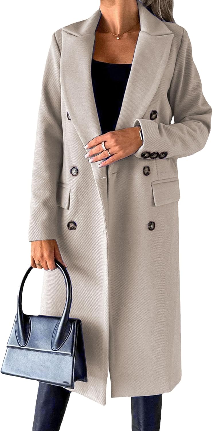 Wolmix jas voor dames, lange gekruiste trenchcoat, casual winterjas met revers en zakken