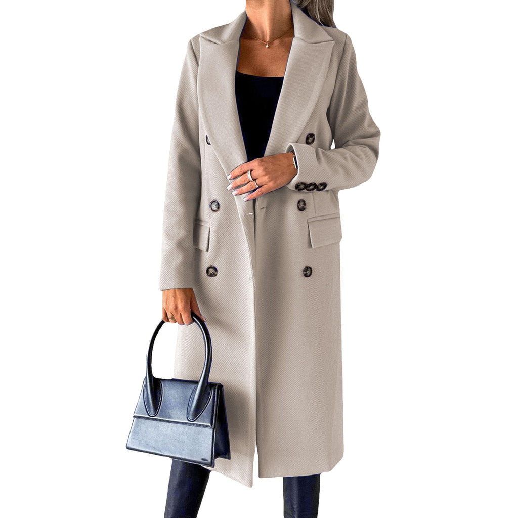 Wolmix jas voor dames, lange gekruiste trenchcoat, casual winterjas met revers en zakken