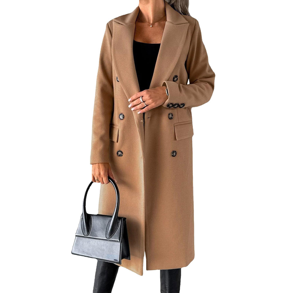Wolmix jas voor dames, lange gekruiste trenchcoat, casual winterjas met revers en zakken