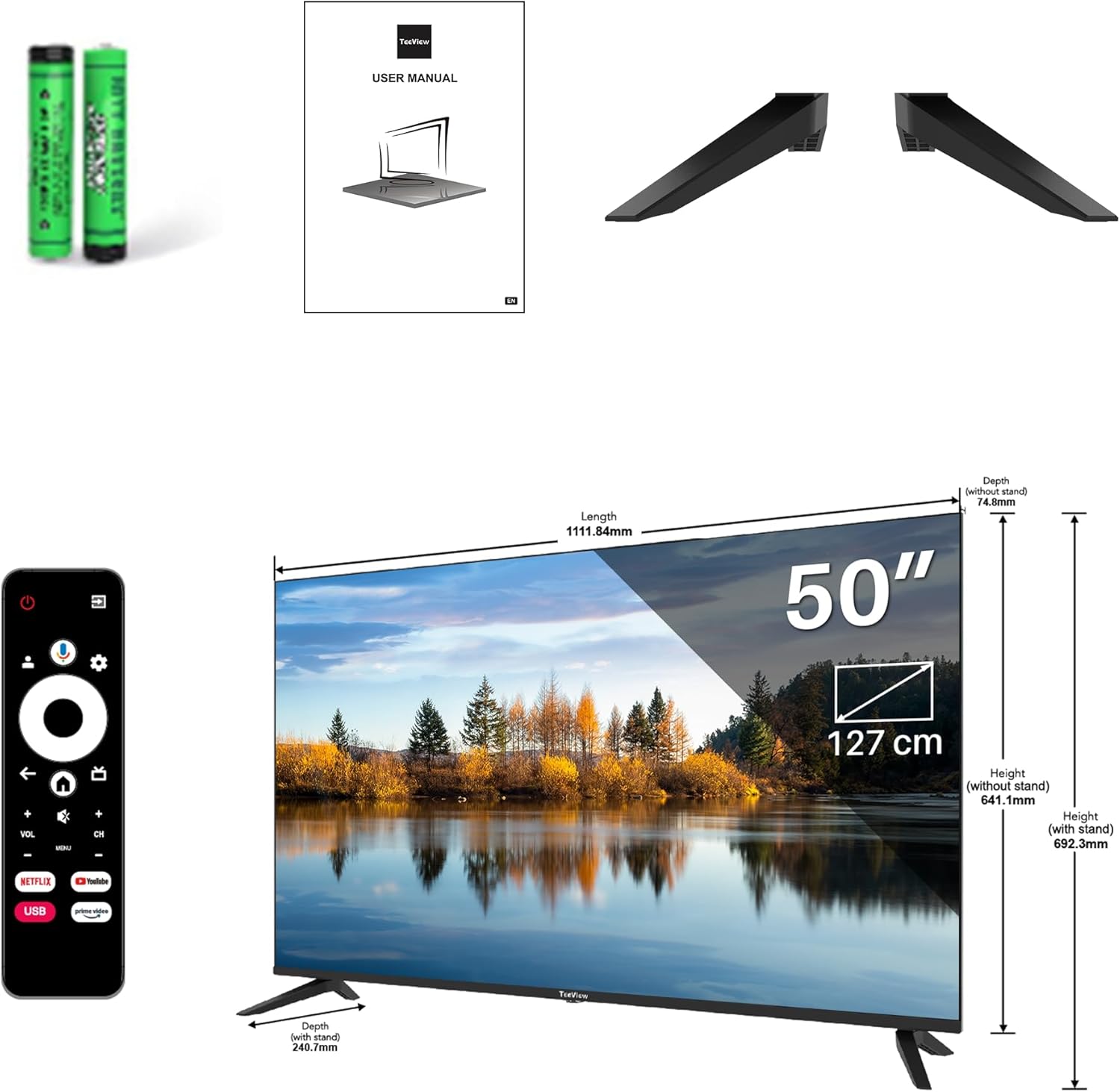 TEEVIEW TV50QUG-EU Google Smart 4K UHD 50 inch WLAN TV, Bluetooth, 3 x HDMI, Triple Tuner, spraakbediening, geïntegreerde streaming-apps
