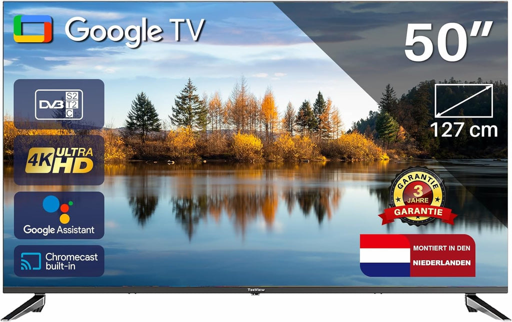 TEEVIEW TV50QUG-EU Google Smart 4K UHD 50 inch WLAN TV, Bluetooth, 3 x HDMI, Triple Tuner, spraakbediening, geïntegreerde streaming-apps