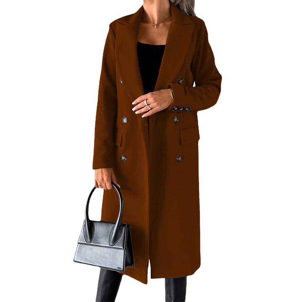 Wolmix jas voor dames, lange gekruiste trenchcoat, casual winterjas met revers en zakken