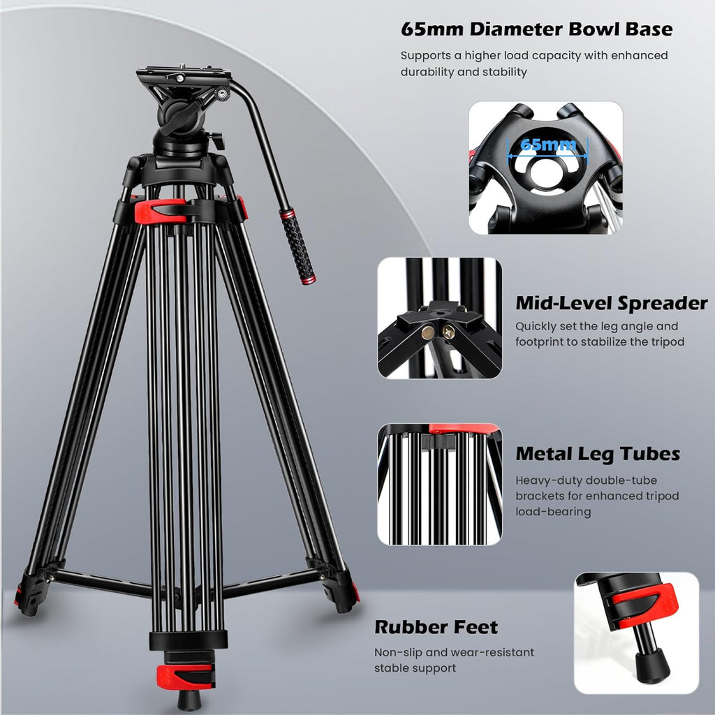 82" /210cm Video Tripod Heavy Duty Tripod with 360° Fluid Head,Mactrem Aluminum Tall Tripods Professional Compatible with Canon Nikon Sony DSLR Camera Camcorder Telescope Bnoculars (Load 33Lb)
