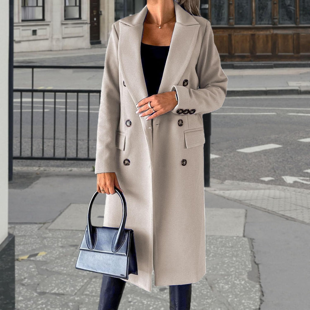Wolmix jas voor dames, lange gekruiste trenchcoat, casual winterjas met revers en zakken