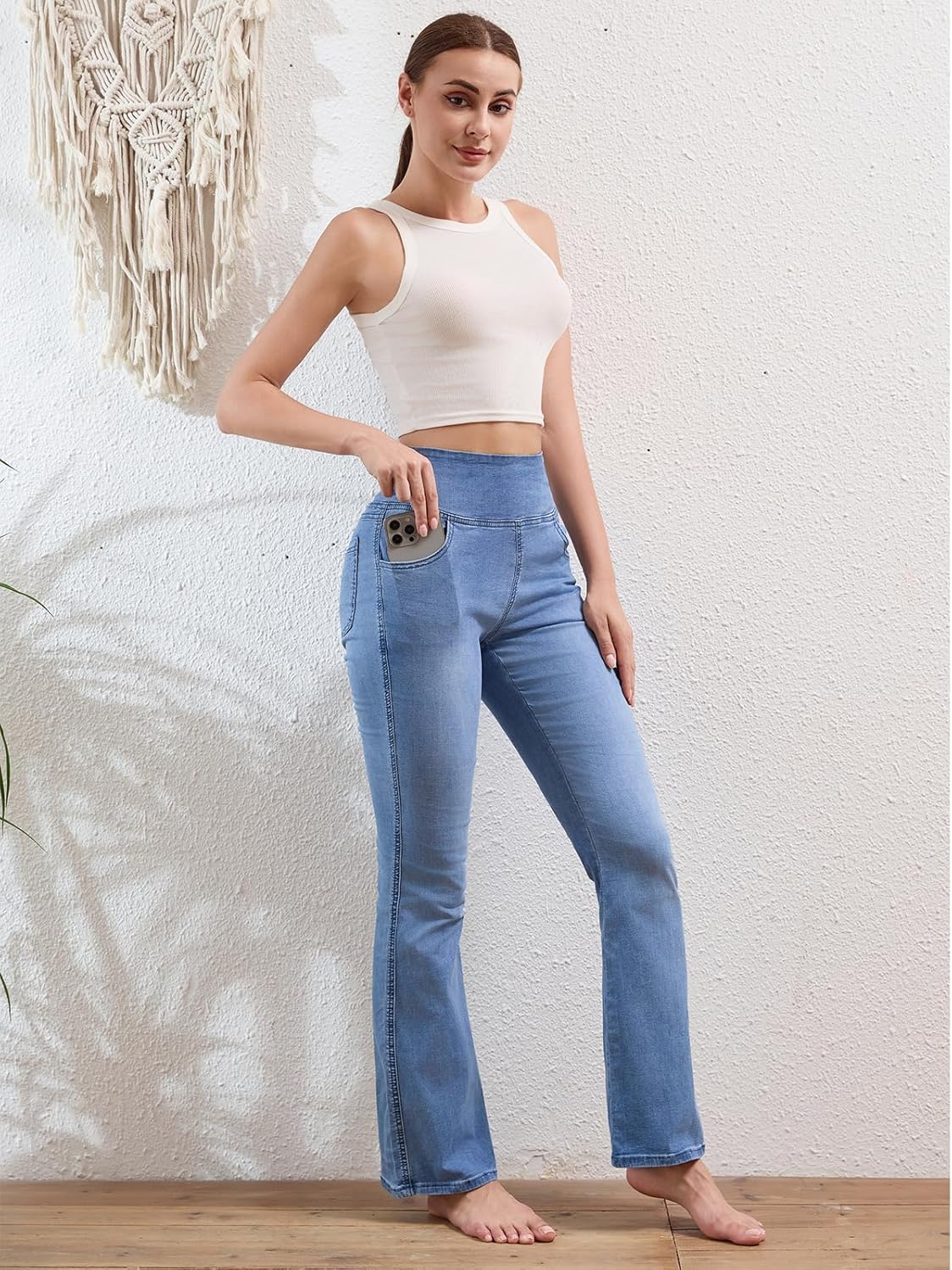 Chasehot Dames Jeans Elastische Taille Jeggings Hoge Taille Bootcut Met Zakken Flared Mode Slim Broek Denim Leggings Uitlopende Brede Pijpen Stretch