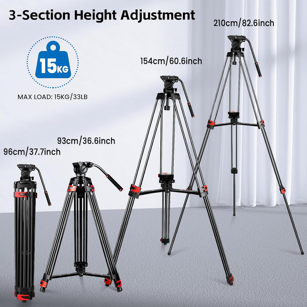 82" /210cm Video Tripod Heavy Duty Tripod with 360° Fluid Head,Mactrem Aluminum Tall Tripods Professional Compatible with Canon Nikon Sony DSLR Camera Camcorder Telescope Bnoculars (Load 33Lb)