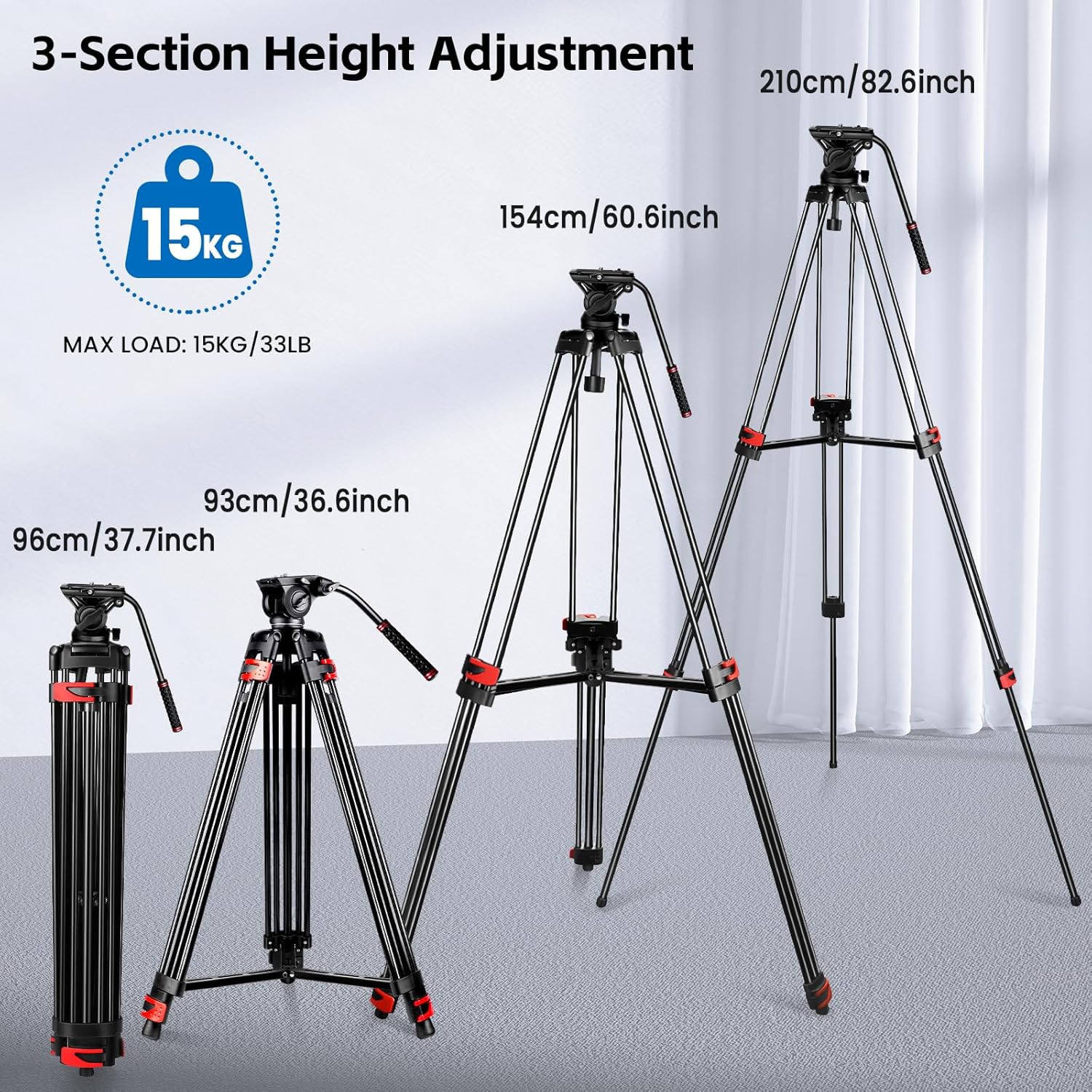82" /210cm Video Tripod Heavy Duty Tripod with 360° Fluid Head,Mactrem Aluminum Tall Tripods Professional Compatible with Canon Nikon Sony DSLR Camera Camcorder Telescope Bnoculars (Load 33Lb)