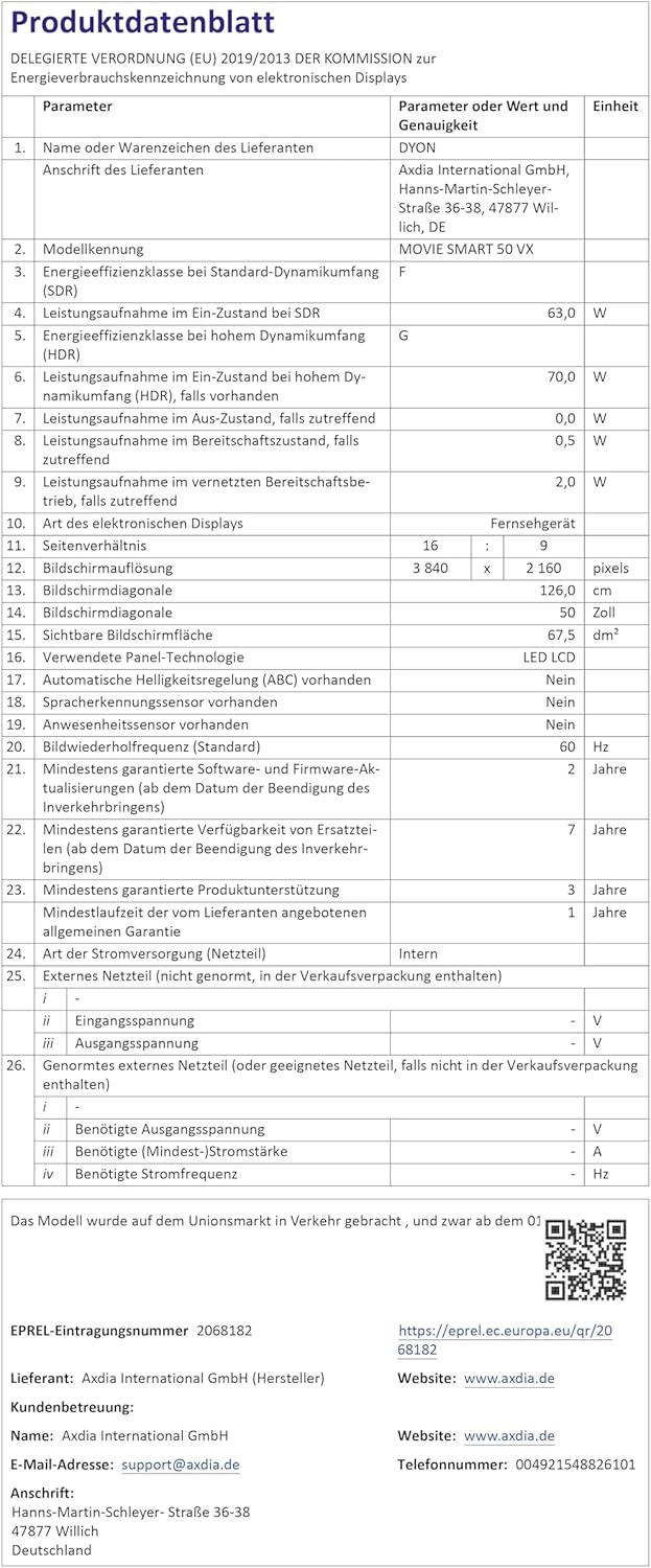 DYON Movie Smart 50 VX TV 50 inch (126 cm) (4K Ultra HD Smart TV, Triple Tuner (DVB-C/-S2/-T2), App Store, Prime Video, Netflix, YouTube, DAZN, Disney+), model 2024
